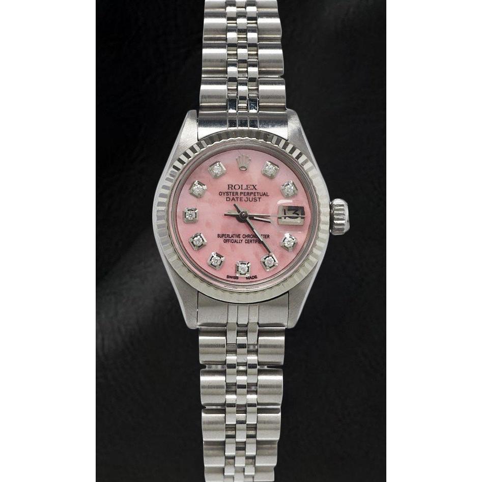 Montre Rolex Datejust 26 mm en acier inoxydable avec cadran en nacre rose et diamants