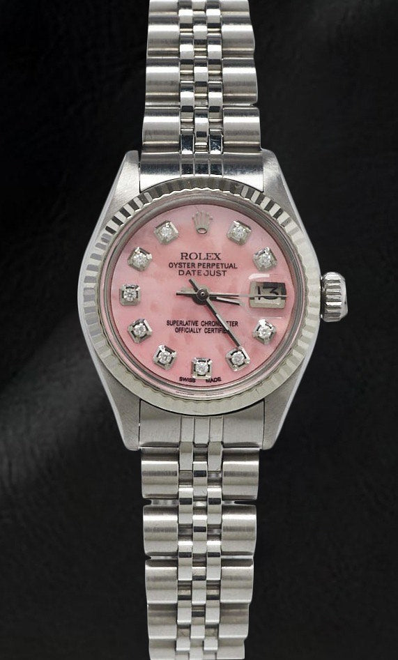 Montre Rolex Datejust 26 mm en acier inoxydable avec cadran en nacre rose et diamants