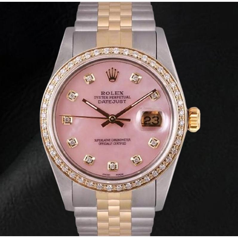 Montre Rolex Datejust 36 mm avec cadran en nacre rose et diamants bicolore
