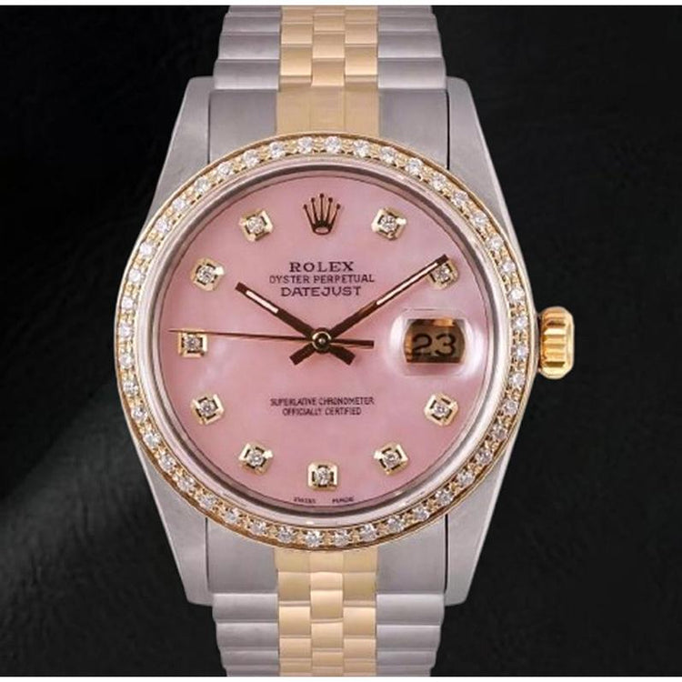 Montre Rolex Datejust 36 mm avec cadran en nacre rose et diamants bicolore