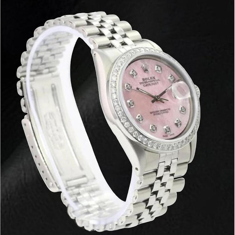 Montre Rolex Datejust 36 mm en acier inoxydable avec cadran en nacre rose et diamants