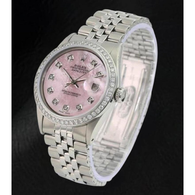 Montre Rolex Datejust 36 mm en acier inoxydable avec cadran en nacre rose et diamants