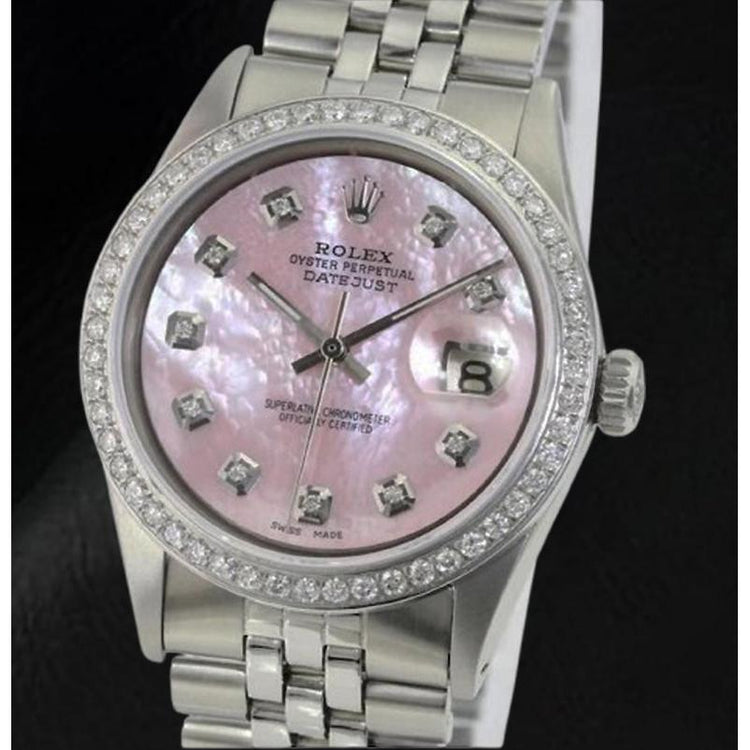Montre Rolex Datejust 36 mm en acier inoxydable avec cadran en nacre rose et diamants