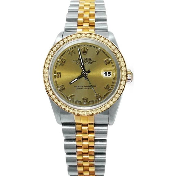 Montre Rolex Datejust à cadran champagne en or et acier avec lunette en diamant