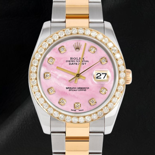 Montre Rolex Datejust bicolore 36 mm avec cadran en nacre rose et diamants et bracelet Oyster