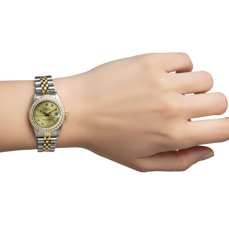 Montre Rolex Datejust de taille moyenne 31 mm avec lunette en diamant personnalisée en or et acier inoxydable P5