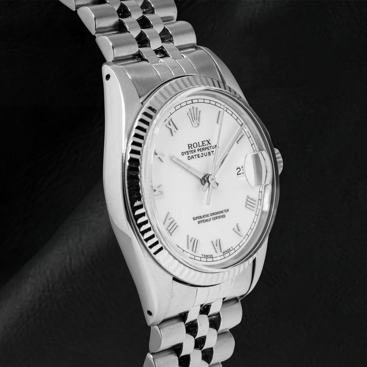 Montre Rolex Datejust de taille moyenne, cadran romain blanc, acier inoxydable