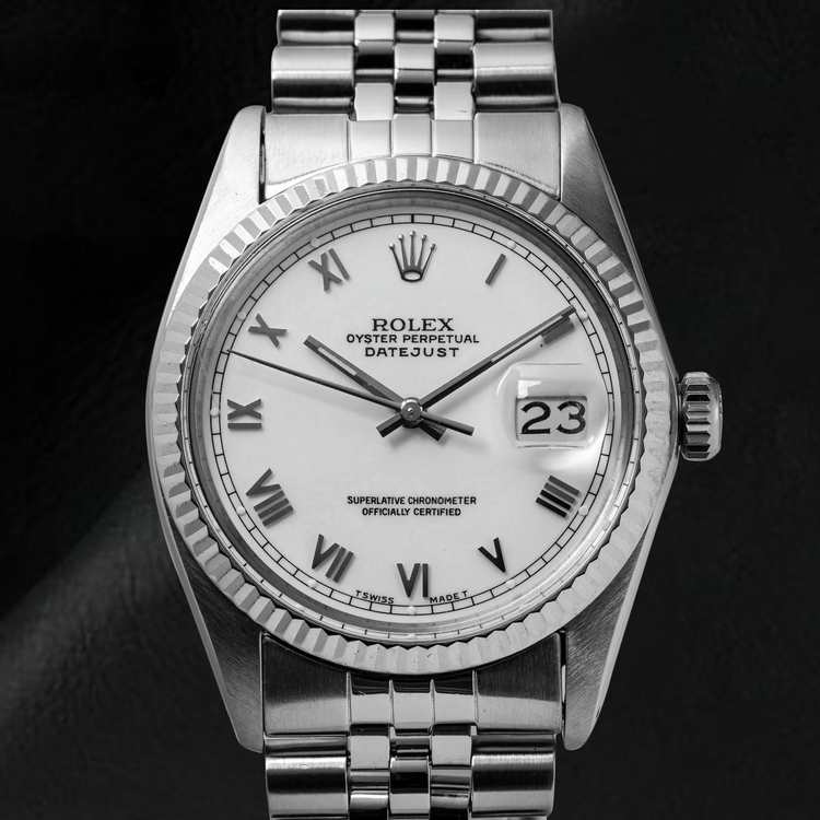 Montre Rolex Datejust de taille moyenne, cadran romain blanc, acier inoxydable