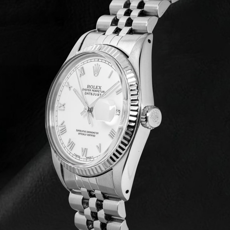 Montre Rolex Datejust de taille moyenne, cadran romain blanc, acier inoxydable