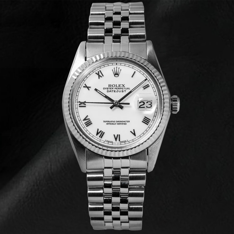 Montre Rolex Datejust de taille moyenne, cadran romain blanc, acier inoxydable