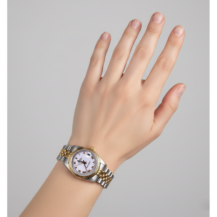Montre Rolex Datejust de taille moyenne à cadran romain blanc, jubilé bicolore P5