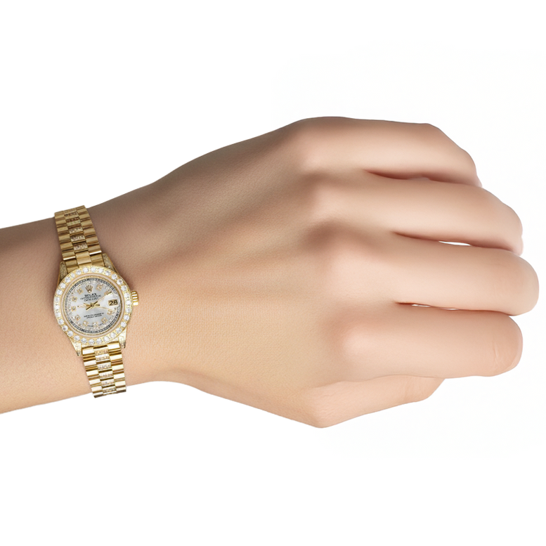 Montre Rolex Datejust en diamant glacé pour femme, bracelet en or jaune P2
