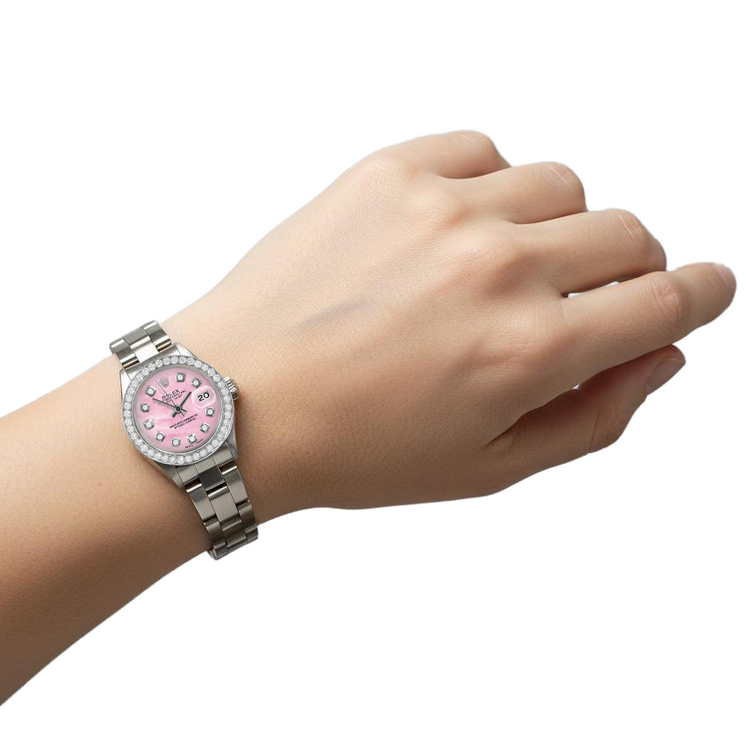 Montre Rolex Datejust pour femme 26 mm avec cadran en nacre rose et diamants, bracelet Oyster en acier inoxydable P4