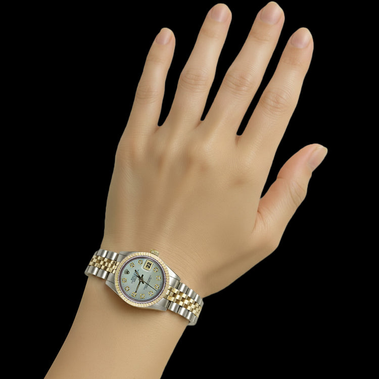 Montre Rolex Datejust pour femme à deux tons avec cadran en diamant et lunette cannelée P2