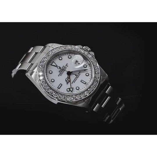 Montre Rolex Gents Explorer II avec cadran blanc et lunette en diamant personnalisée acier inoxydable