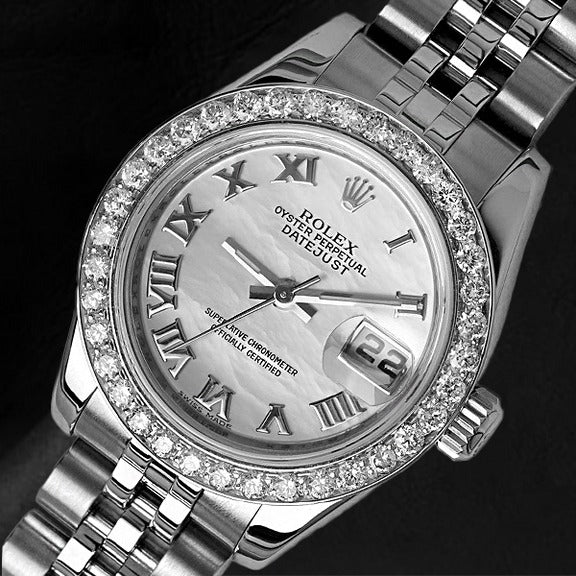 Montre Rolex Lady-Datejust 26 mm en acier et nacre blanche avec diamants pour femme