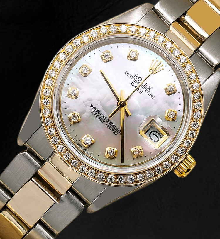 Montre Rolex Lady Datejust avec cadran en nacre blanche et diamants, bracelet Oyster bicolore de 31 mm