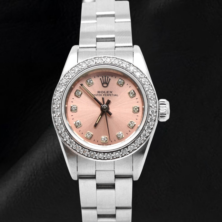 Montre Rolex Oyster Perpetual en acier inoxydable avec cadran diamant rose de 24 mm