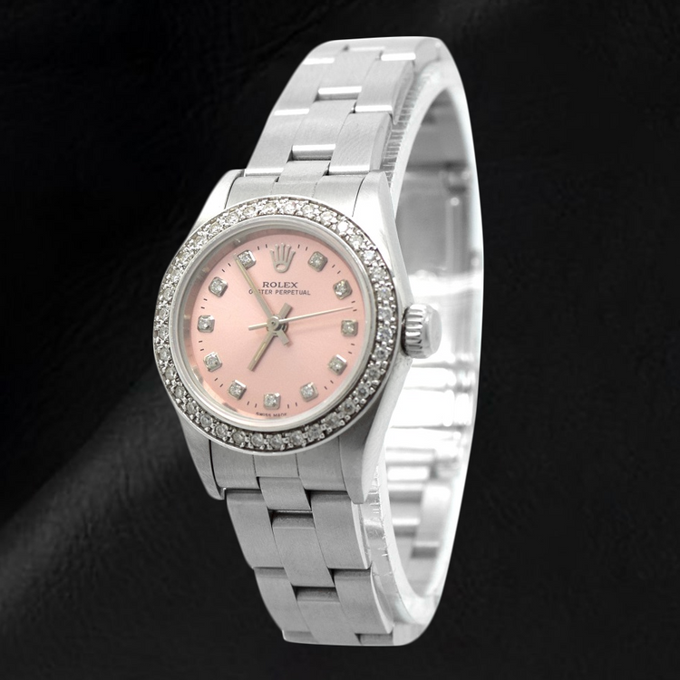 Montre Rolex Oyster Perpetual en acier inoxydable avec cadran diamant rose de 24 mm