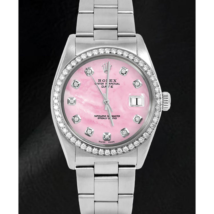 Montre Rolex Oyster en acier inoxydable avec cadran en nacre rose et diamants de 31 mm