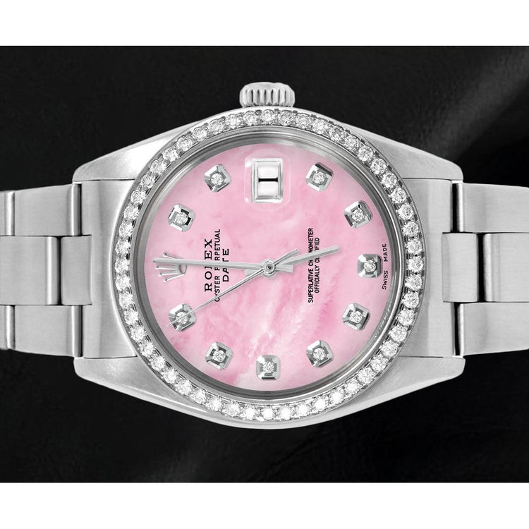 Montre Rolex Oyster en acier inoxydable avec cadran en nacre rose et diamants de 31 mm