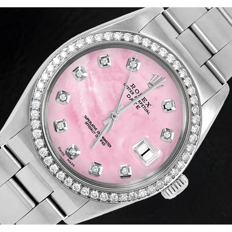 Montre Rolex Oyster en acier inoxydable avec cadran en nacre rose et diamants de 31 mm