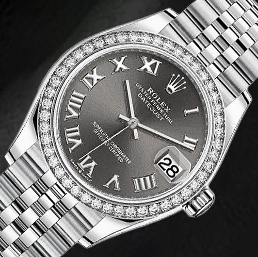 Montre Rolex dame Datejust en acier à cadran romain gris de 31 mm