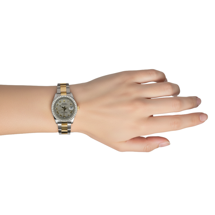 Montre Rolex de taille moyenne avec bracelet huître marron acier inoxydable et cadran romain gris doré P2