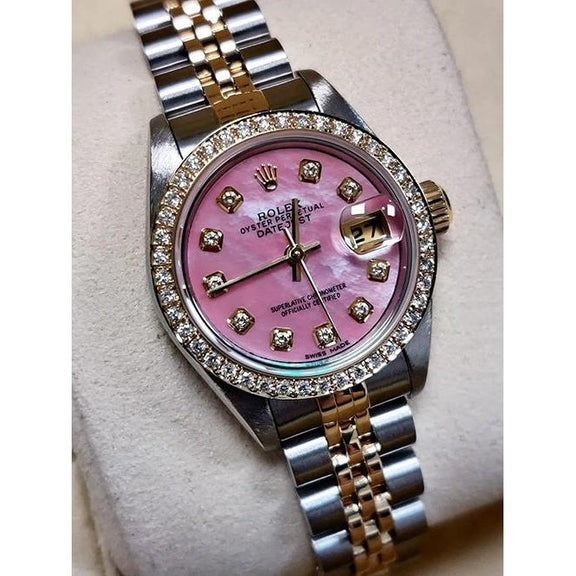 Montre Rolex pour femme en or jaune 18 carats avec cadran rose