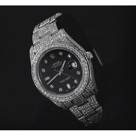Montre Rolex pour homme avec diamant personnalisé glacé 18 carats, cadran noir acier inoxydable