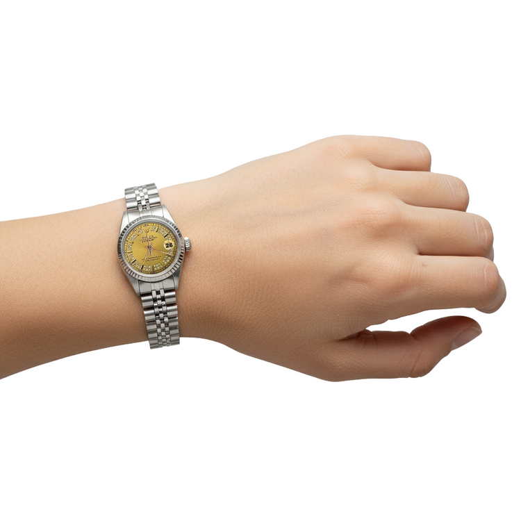 Montre acier inoxydable Jubilé Rolex Champagne cadran Datejust dame lunette cannelée P2