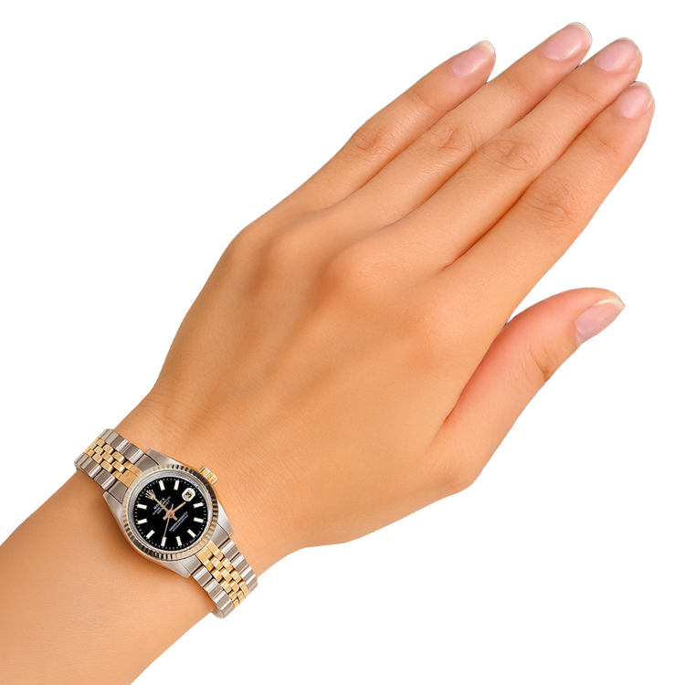 Montre bicolore dame Rolex Datejust 26 mm à cadran bâton noir