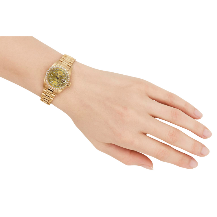 Montre à cadran à cordes champagne de still président Rolex avec lunette en diamant or jaune