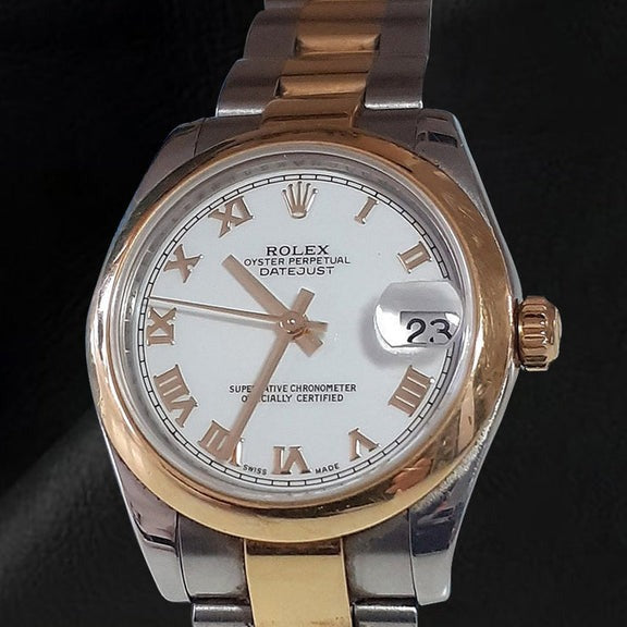 Montre dame Datejust Rolex à cadran romain blanc en acier doré