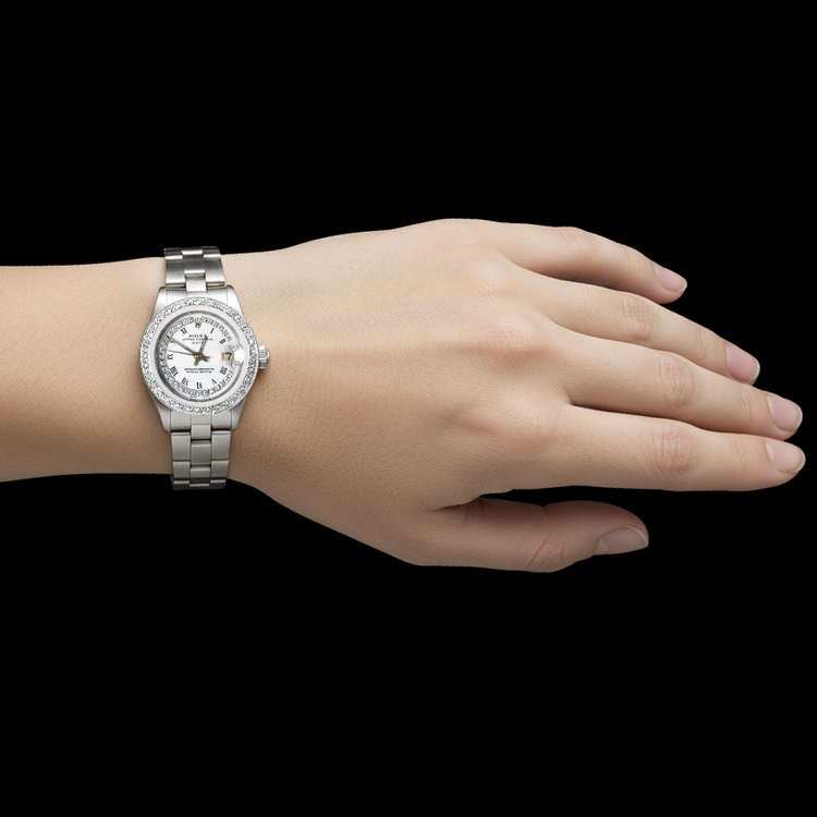 Montre de date pour femme avec cadran en diamant à chaîne blanche et lunette acier inoxydable huître P1