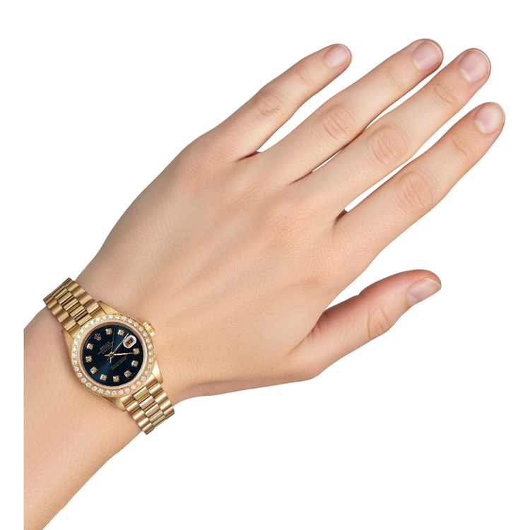 Montre de still président Rolex Cadran diamant bleu Lunette Datejust or jaune P2