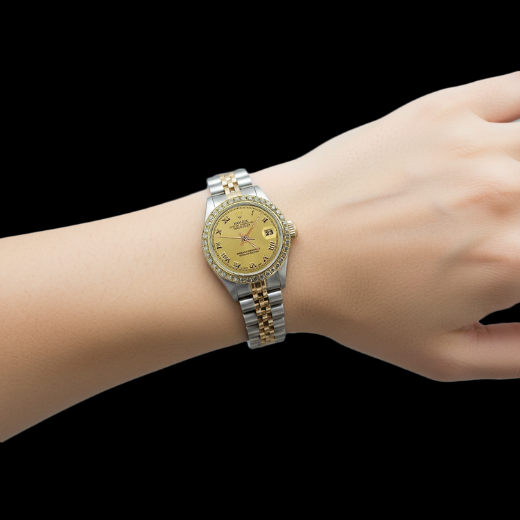 Montre femme cadran romain acier inoxydable et or Rolex Datejust Jubilé P1