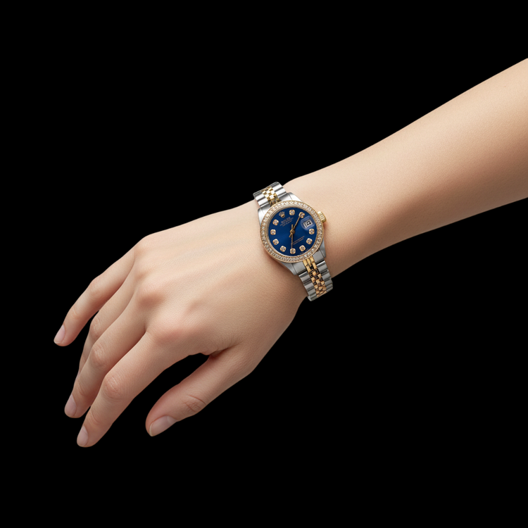 Montre femme jubilé bicolore avec cadran diamant bleu et lunette Rolex Datejust P5