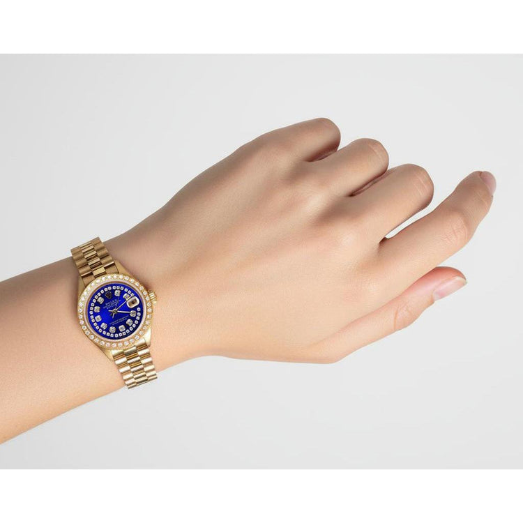 Montre pour femme de style présidentiel avec cadran en diamant et chaîne bleue Rolex or jaune P1