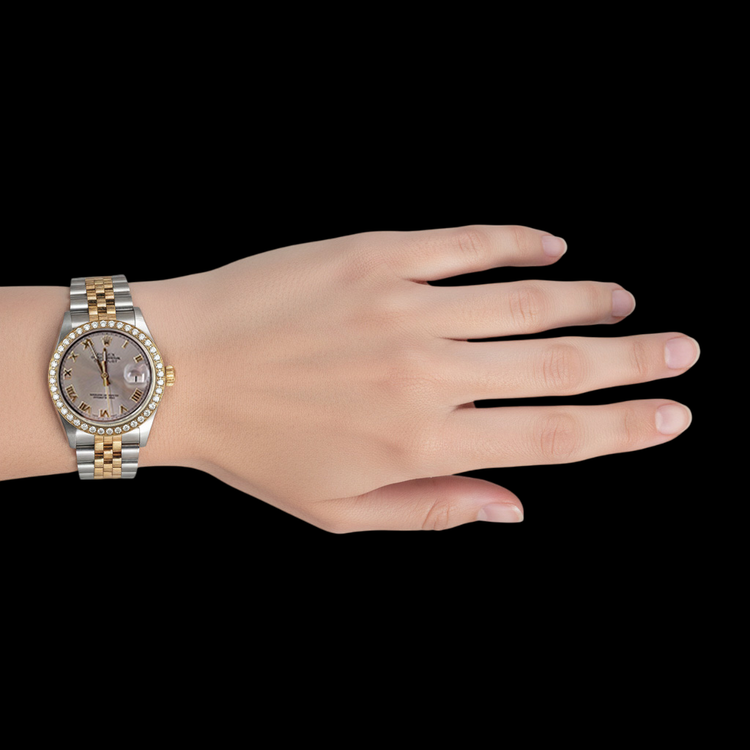 Montre pour homme Rolex Datejus avec lunette en diamant et cadran romain gris jubilé bicolore