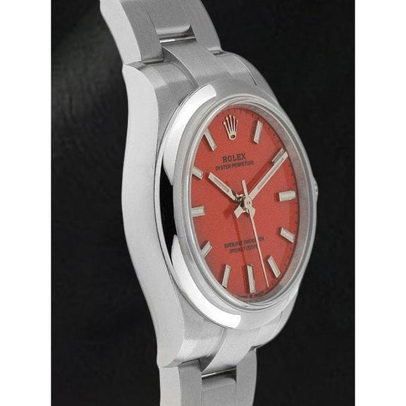 Montre en acier à cadran lumineux rouge corail Rolex Oyster Perpetual 31 mm