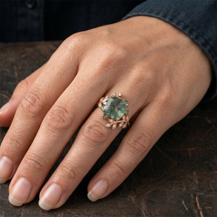 Moss Agate Bague avec Gemme 3,0 carats F/VS1 – Or Rose 14 Carats