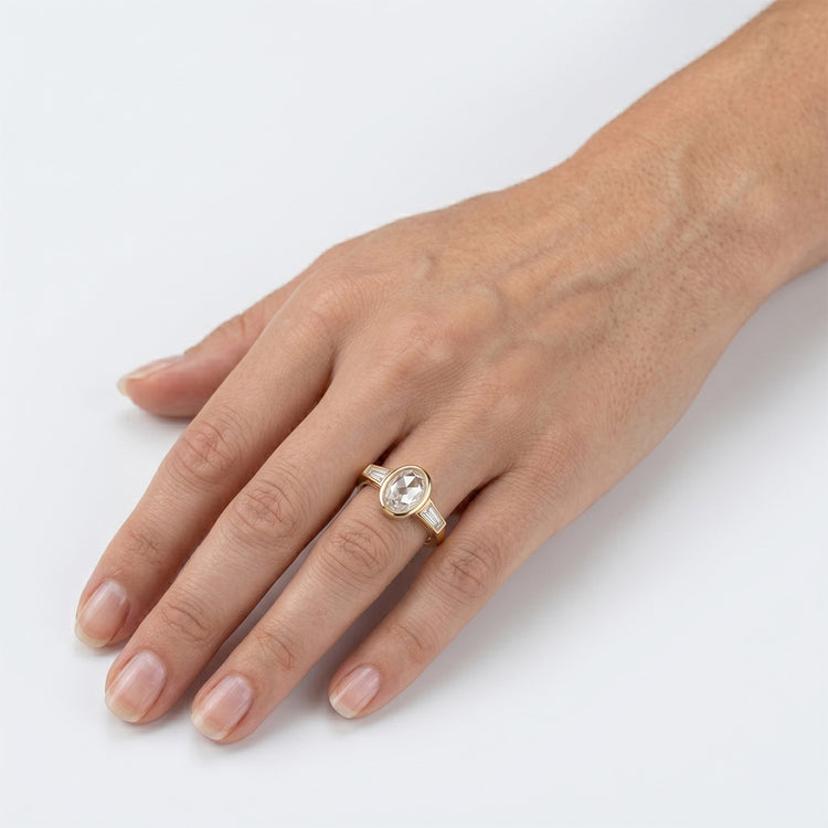 Or 14K Jaune Taille Rose Ancienne Diamant Bague Trois Pierres 2