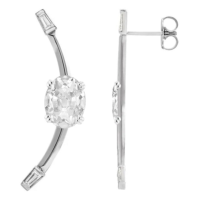 Boucles d'oreilles pendantes en Or Blanc et diamants véritables taille Ovale, Vieux Mineur et baguettes, 5 carats