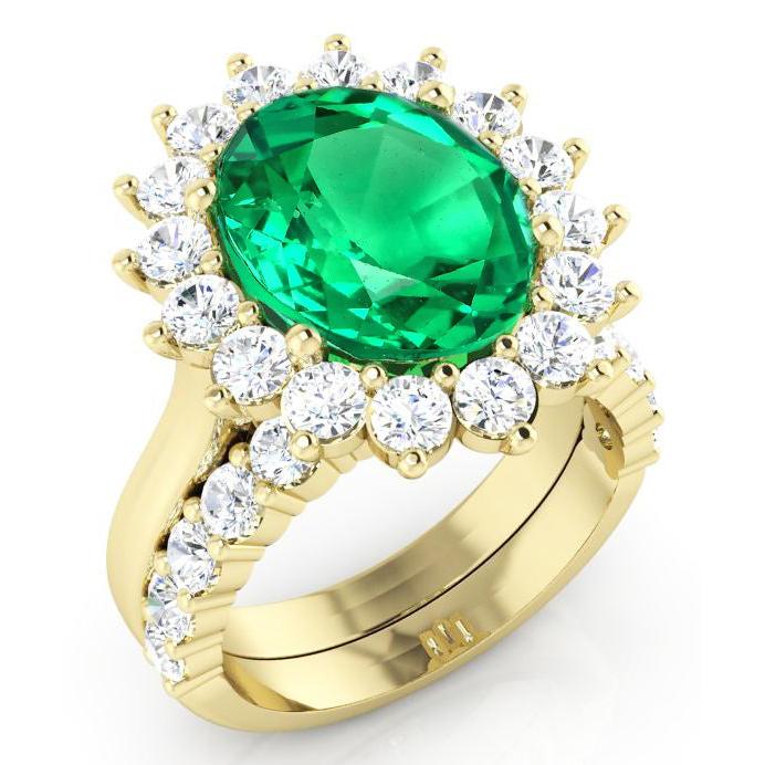 Ovale Vert Émeraude Avec Diamants Bague Ensemble