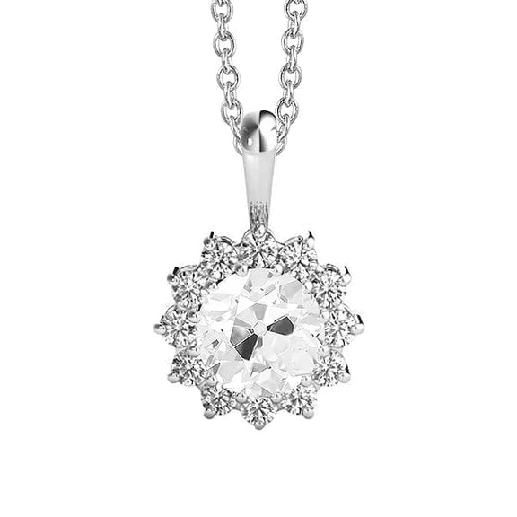 Pendentif Halo Réel Diamant En Or Avec Chaîne Ronde Ancienne Taille Mine 3 Carats