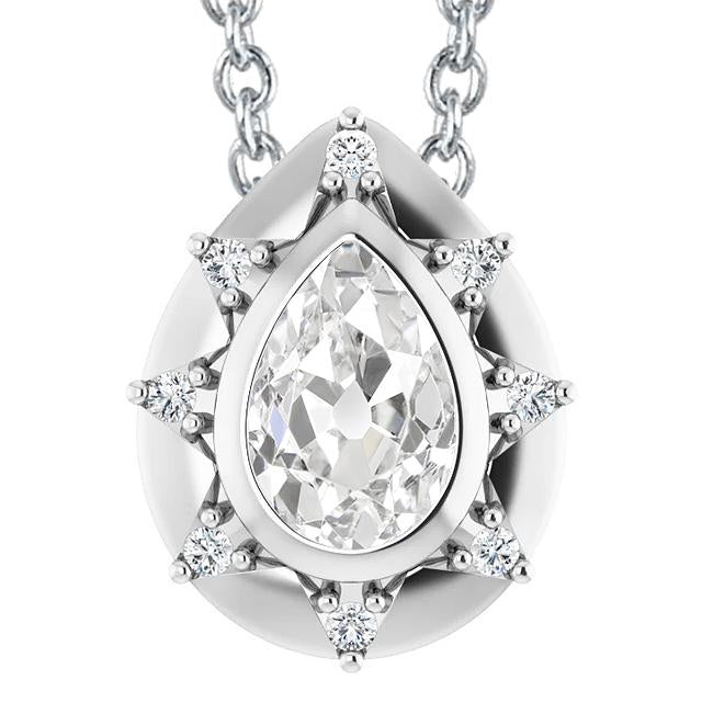 Pendentif Halo Réel Diamant Lunette Sertie Poire Vieux mineur 5 Carats Or Blanc 14K
