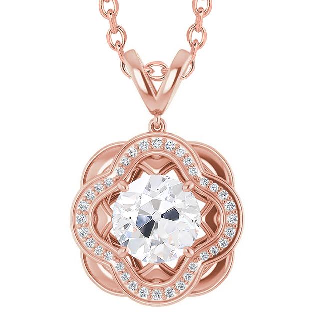 Pendentif Halo Rond Vieux mineur Réel Diamant 3 Carats Avec Chaîne Or Rose 14K