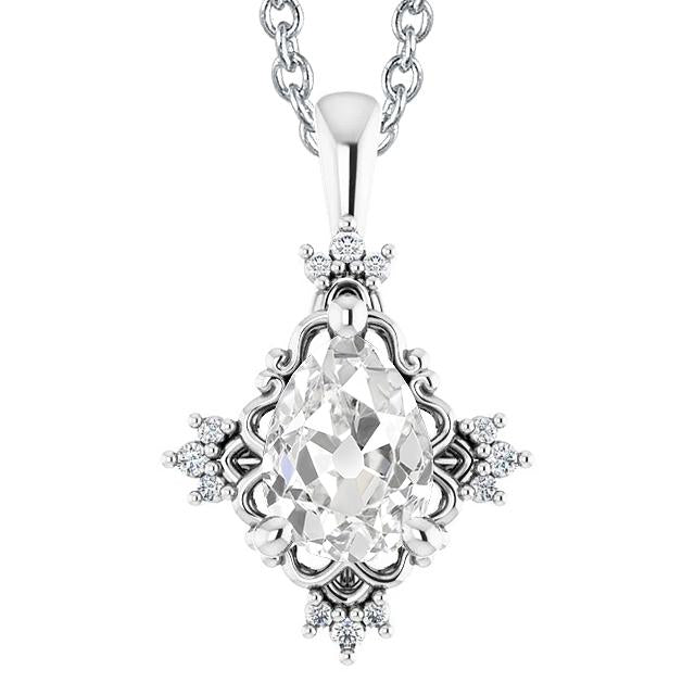 Pendentif Or Blanc Naturel Diamant Poire Vieux mineur 3.50 Carats Sertissage Griffe