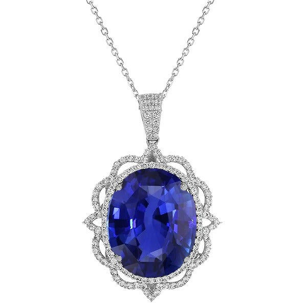 Pendentif Solitaire Fantaisie Ovale Saphir Bleu Foncé Bijoux Or 4 Carats